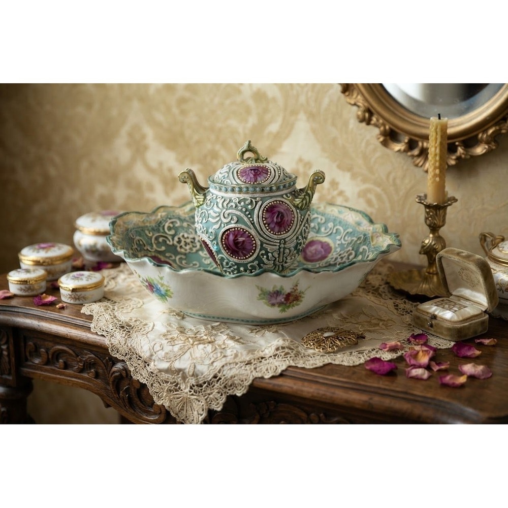 Antique Nippon Moriage Porcelain Lidded Jar and Bowl Set Pink Roses Teal 1890s